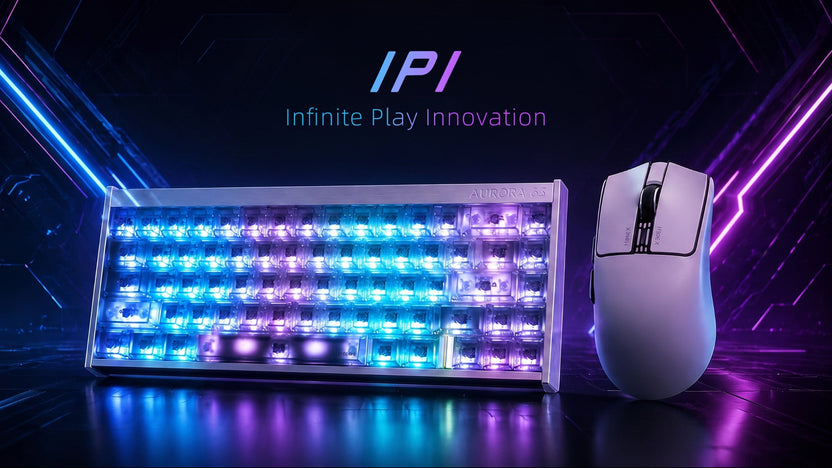 IPI AURORA magnetic switch keyboard and HAZEX gaming mouse under neon light